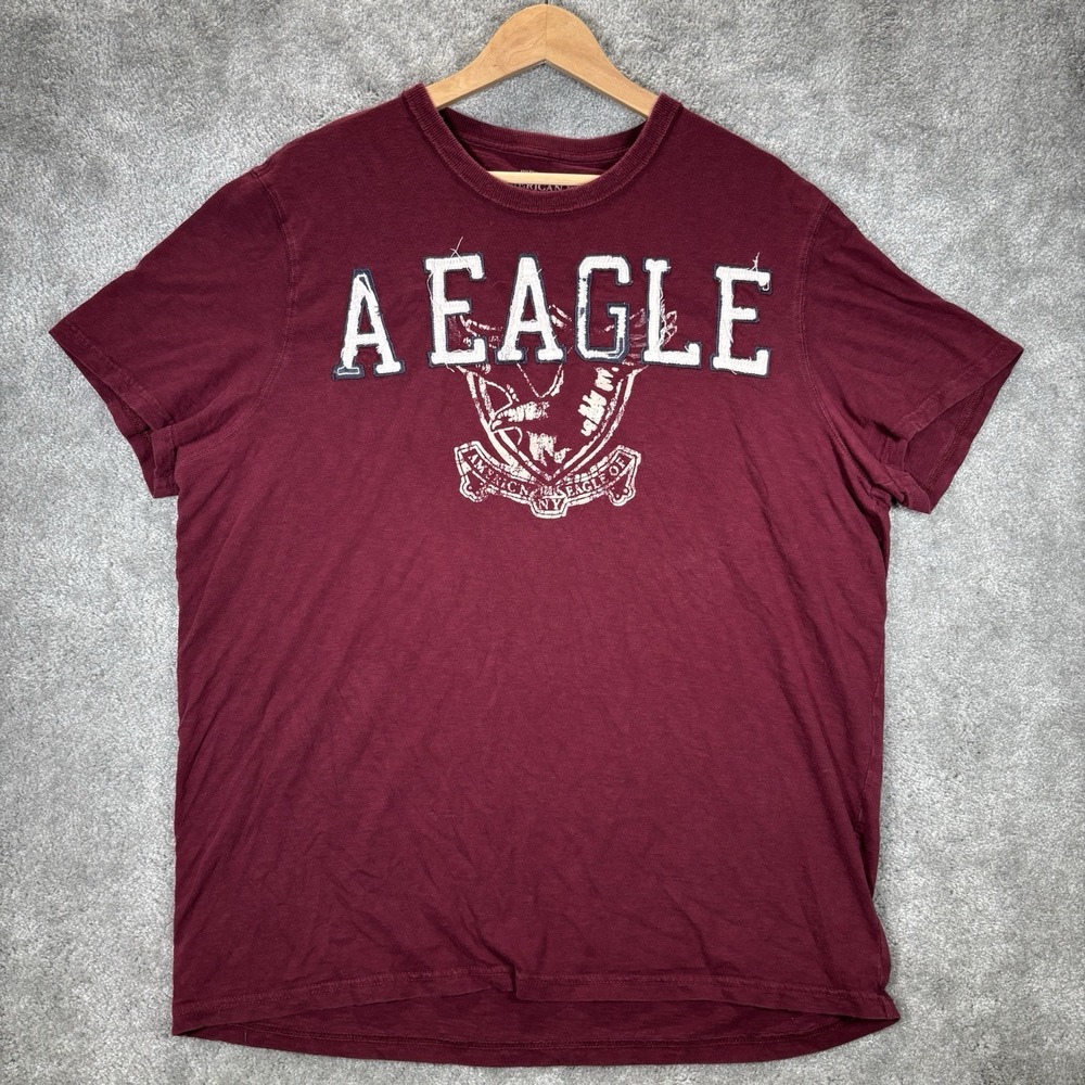 American Eagle T Shirt Men XL Burgundy Red Embroidered Applique Short Sleeve Y2K